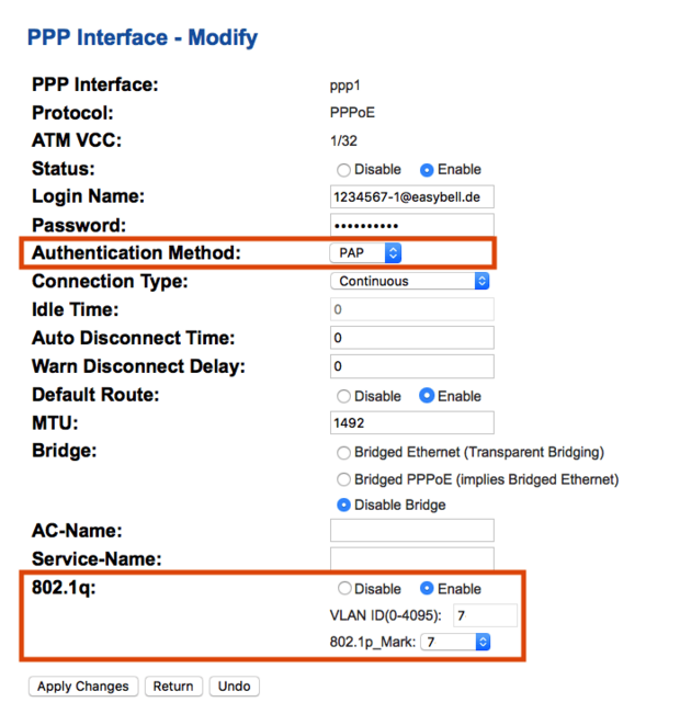 screenshot PPP Interface - Modify - Authentication Method