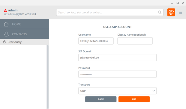 screenshot Use a SIP Account 