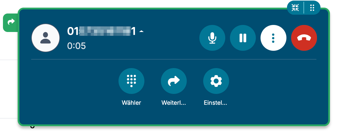 ConnectMe-Anrufansicht mit aktiver Halten-Funktion und Steuerungselementen wie Stummschalten und Auflegen