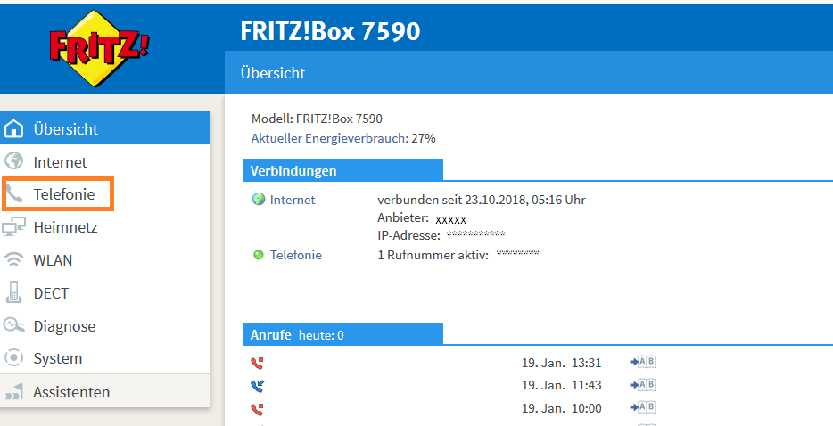 Benutzeroberflaeche F R I T Z Box Auswahl Telefonie 1