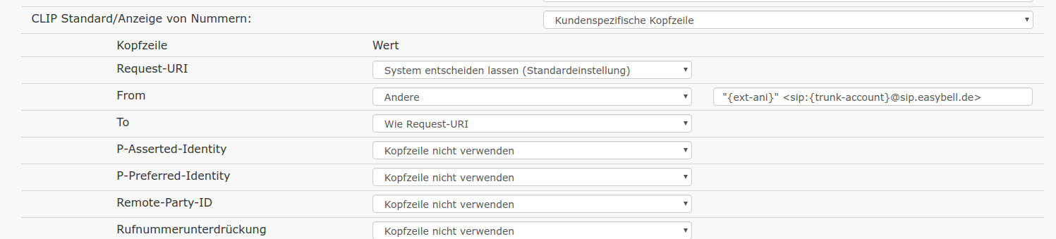 Einstellungen für CLIP no screening bei Vodia PBX