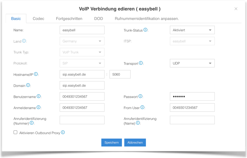 screenshot VoIP Verbindung edieren