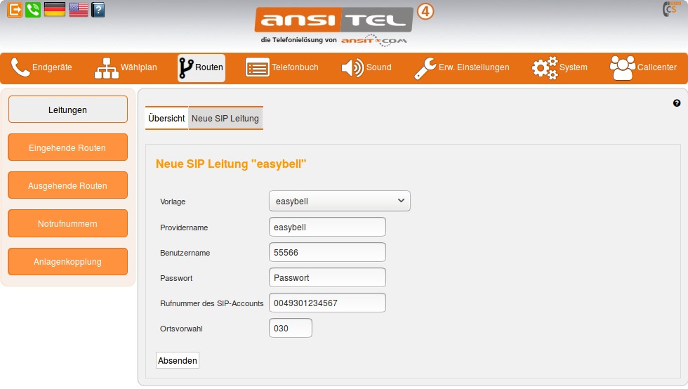Ansitel Com Konfiguration Mit Einem Easybell SIP Trunk Screenshot