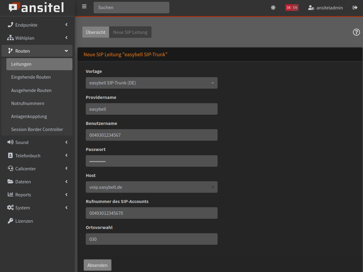 Ansitel Com Konfiguration Mit Einem Easybell SIP Trunk Screenshot