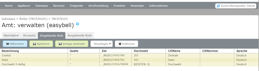 Screenshot pascom PBX Eingehende Rufe verwalten
