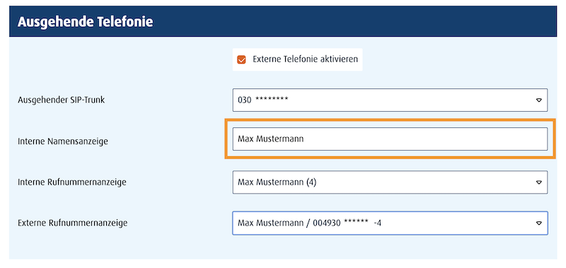 Einstellungen zur ausgehenden Telefonie, wie ausgehender SIP-Trunk, interne Namensanzeige und Rufnummernanzeige sowie externe Rufnummernanzeige.