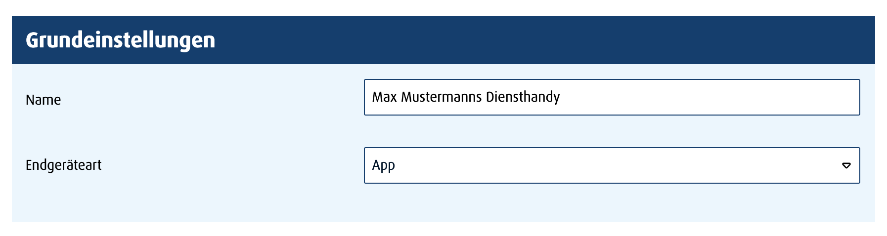 Grundeinstellungen für ein Endgerät vom Typ App werden hier mit dem Namen des Endgeräts und dem Endgeräteart "App" gesetzt.