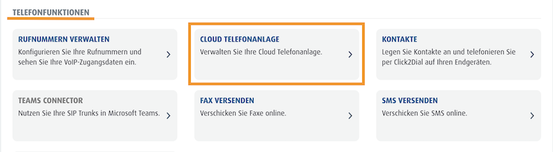 Die Kachel für die Cloud Telefonanlage befindet unter den Telefonfunktionen im Kundenportal.