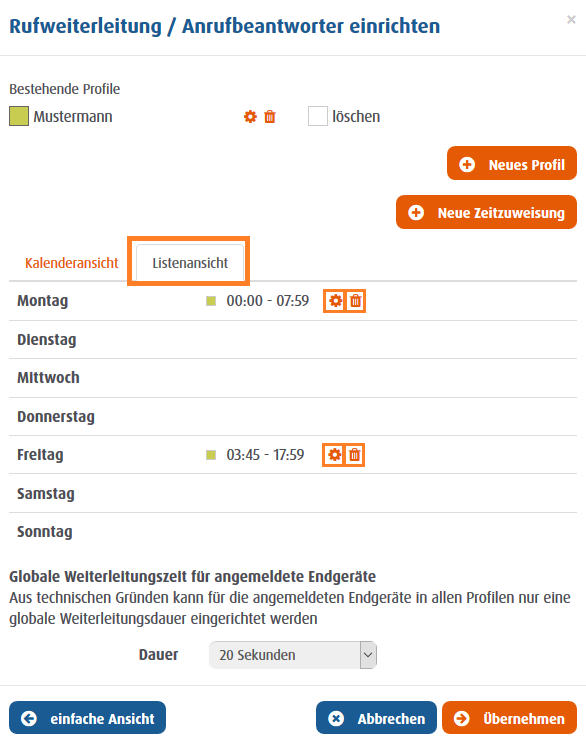 Zeitliche Zuordnung Listenansicht