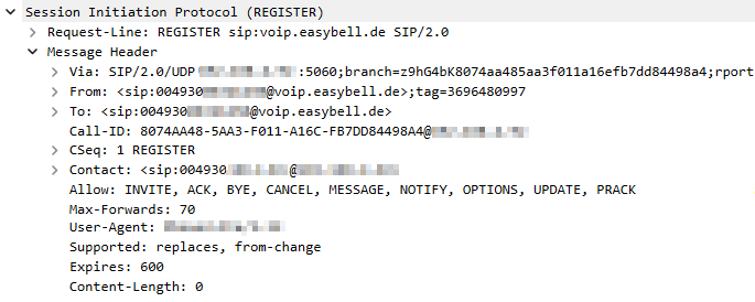 Contact Header SIP-REGISTER-Nachricht mit Contact-Header zur Registrierung bei sip.easybell.de