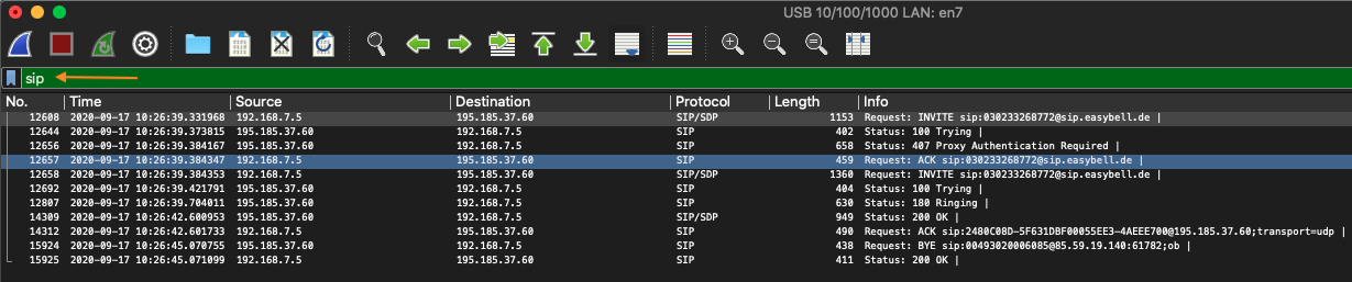 Wireshark-Ansicht mit SIP-Filter und aufgezeichneten SIP-Paketen eines Easybell-Testanrufs