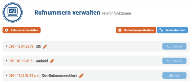 screenshot Rufnummern verwalten