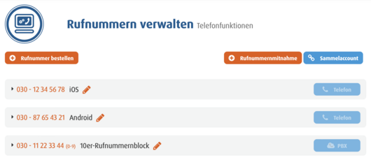 screenshot Rufnummern verwalten