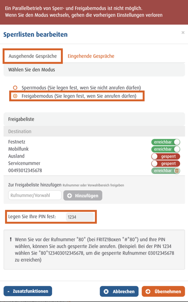 Benutzeroberfläche zur Bearbeitung von Sperrlisten für ausgehende Anrufe im Freigabemodus