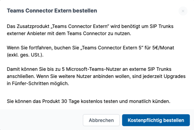 Screenshot der Hinweise zum Teams Connector Extern