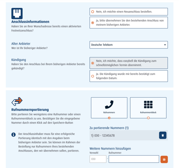 In Schritt 1 müssen Sie bei einer Anschlussübernahme mindestens eine Rufnummer portieren