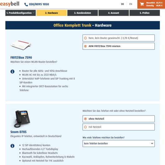 Schritt 2: Hardware (full) In Schritt 2 kann Hardware bestellt werden