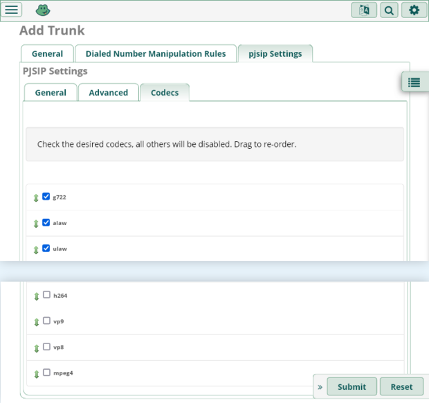 Screenshot freePBX-Einrichtung. Add Trunk, pjsip Codecs