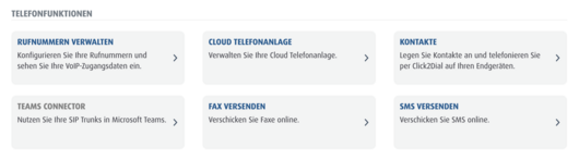 Screenshot: die Übersichtsseite des easybell-Kundenportals mit den Telefonfunktionen und der Cloud Telefonanlage