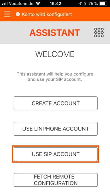 Hier finden Sie "Use SIP Account" in Ihrer Linphone App