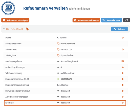 screenshot Rufnummern verwalten - Sperrliste