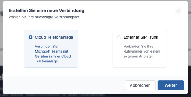 screenshot mit Cloud Telefonanlage Verbindung hinzufügen