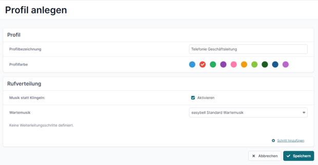 Legen Sie ein Profil an, indem Sie eine Profilbezeichnung und Profilfarbe wählen. Aktivieren Sie anschließen das Feld für "Musik statt klingeln", falls gewünscht und wählen Sie eine Wartemusik.