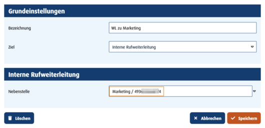 Screenshots: Weiterleitungsschritt "WL zu Marketing" mit interner Weiterleitung