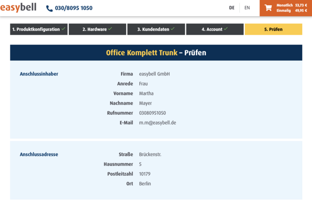 In Schritt 5 überprüfen Sie Ihre Kontakt- und Anschlussdaten