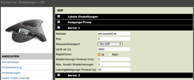 screenshot polycom SIP Einstellungen