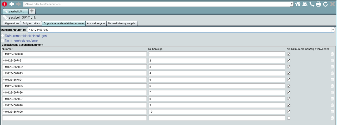 screenshot SIP Trunk Geschäftsnummern