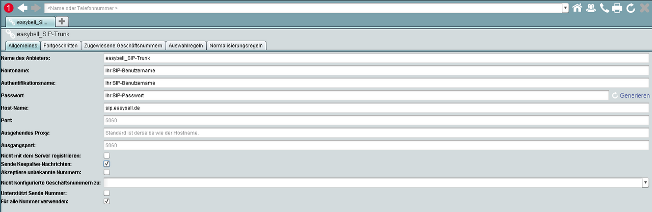 screenshot easybell SIP-Trunk