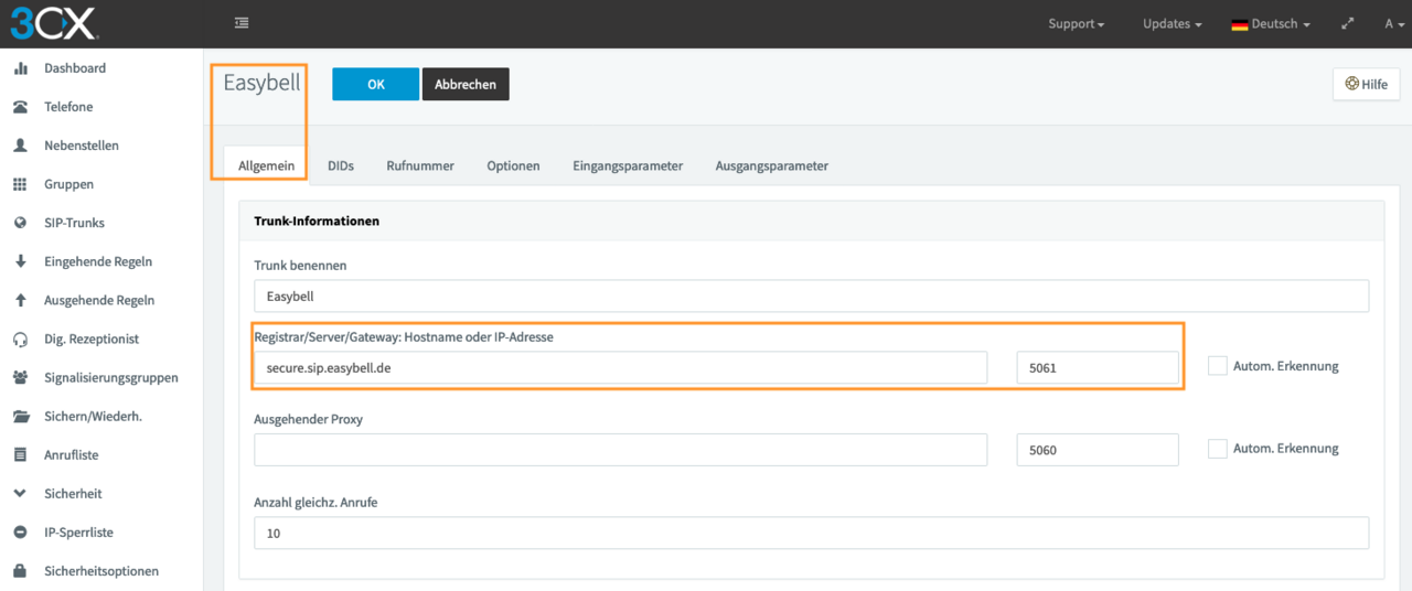 3CX Provider Menue Screenshot des 3CX Provider Menues