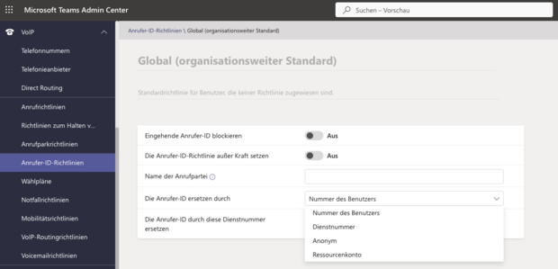 In Teams lässt sich auswählen, wie die Rufnummer ausgehend signalisiert wird