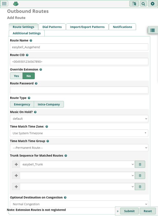 Screenshot freePBX-Einrichtung. Add Outgoing Route