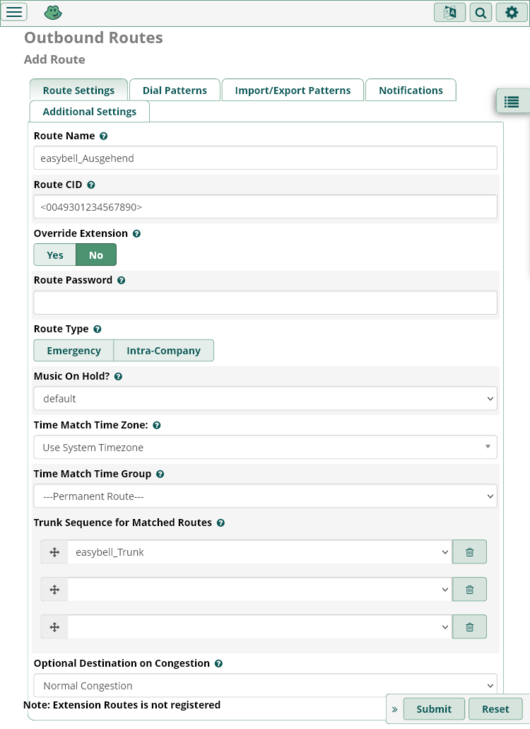 Screenshot freePBX-Einrichtung. Add Outgoing Route