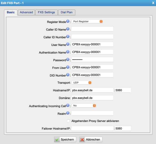 Screenshot SIP-Zugangsdaten eintragen (PBX)