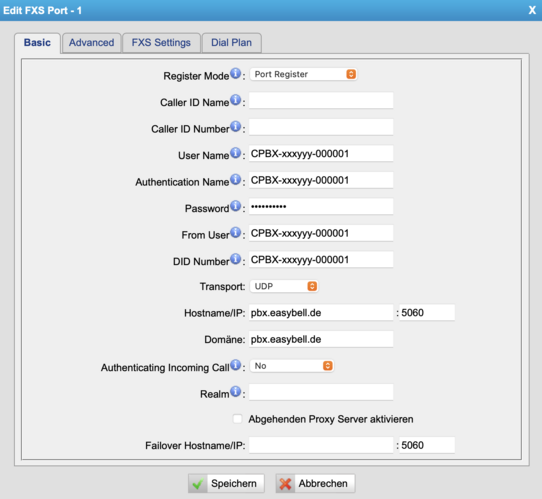 Screenshot SIP-Zugangsdaten eintragen (PBX)