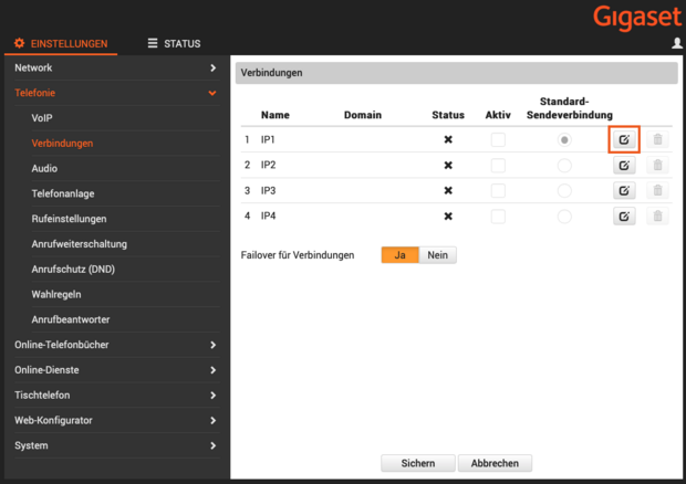 screenshot Gigaset Verbindungen