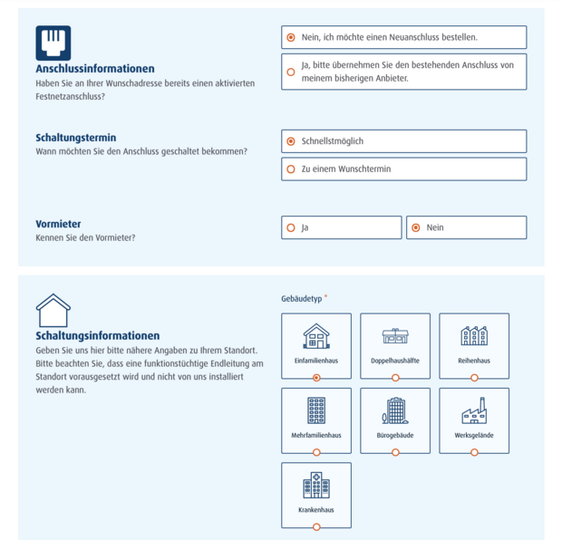 In Schritt 1 können Sie Angaben zur Lage Ihres Anschlusses machen