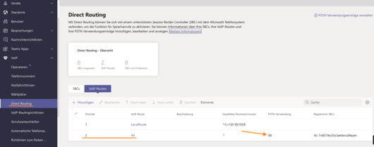 Screenshot MS Teams VoIP Routen