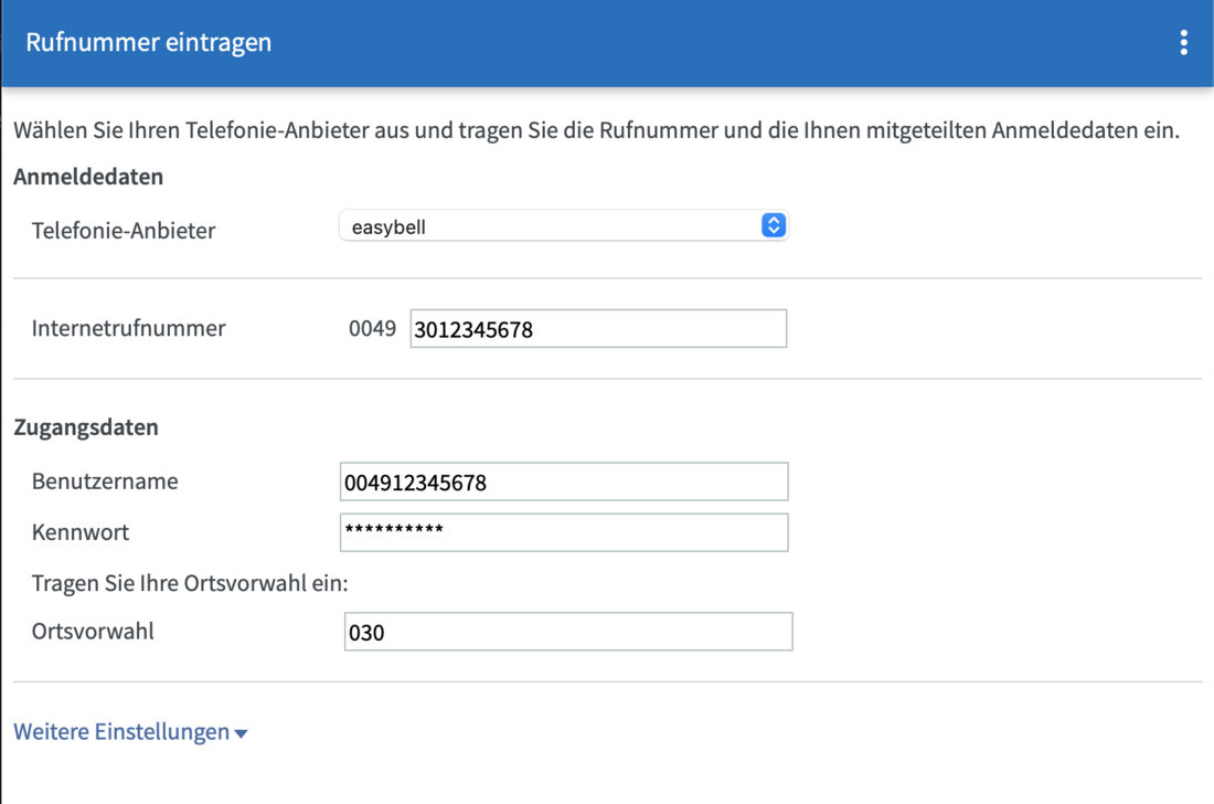 FRITZ!Box 7.20 Telefonnummer einrichten Screenshot einzelne Rufnummer einrichten