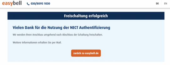 Screenshot nach erfolgreicher NECT-Freischaltung