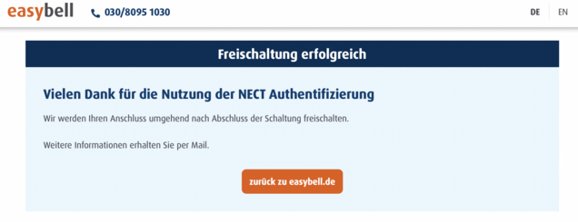 Screenshot nach erfolgreicher NECT-Freischaltung