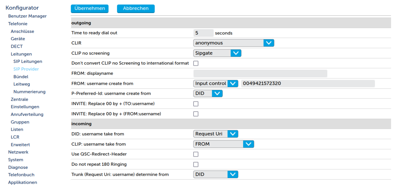 Screenshot der Mitel Opencom SIP-Provider-Einstellungen „outgoing“