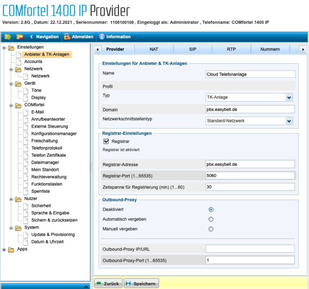 Screenshot Einstellungen für die Cloud Telefonanlage