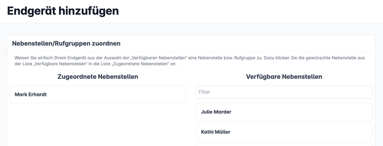 Maske zur Zuordnung von Nebenstellen zu einem Endgerät in der Cloud Telefonanlage im Easybell Kundenportal