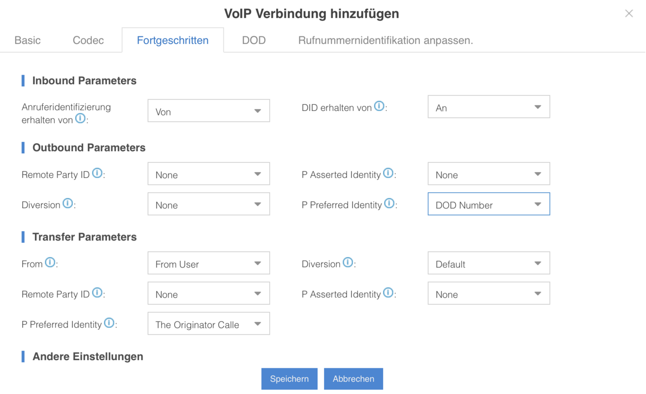 screenshot VoIP Verbindung hinzufügen