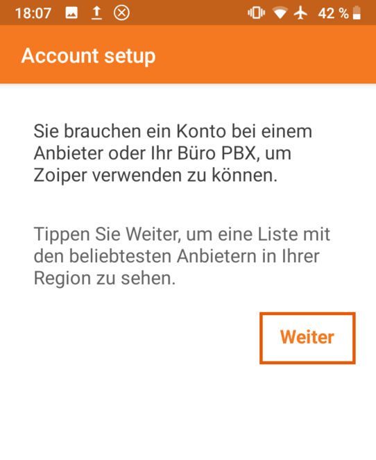 Zoiper App Android Account Setup Weiter