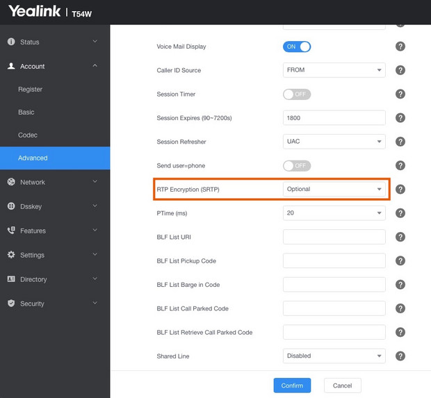 screenshot Yealink RTP Encryption